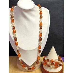 Vintage Long Amber Colored Glass beaded Necklace Matching Triple Strand Bracelet